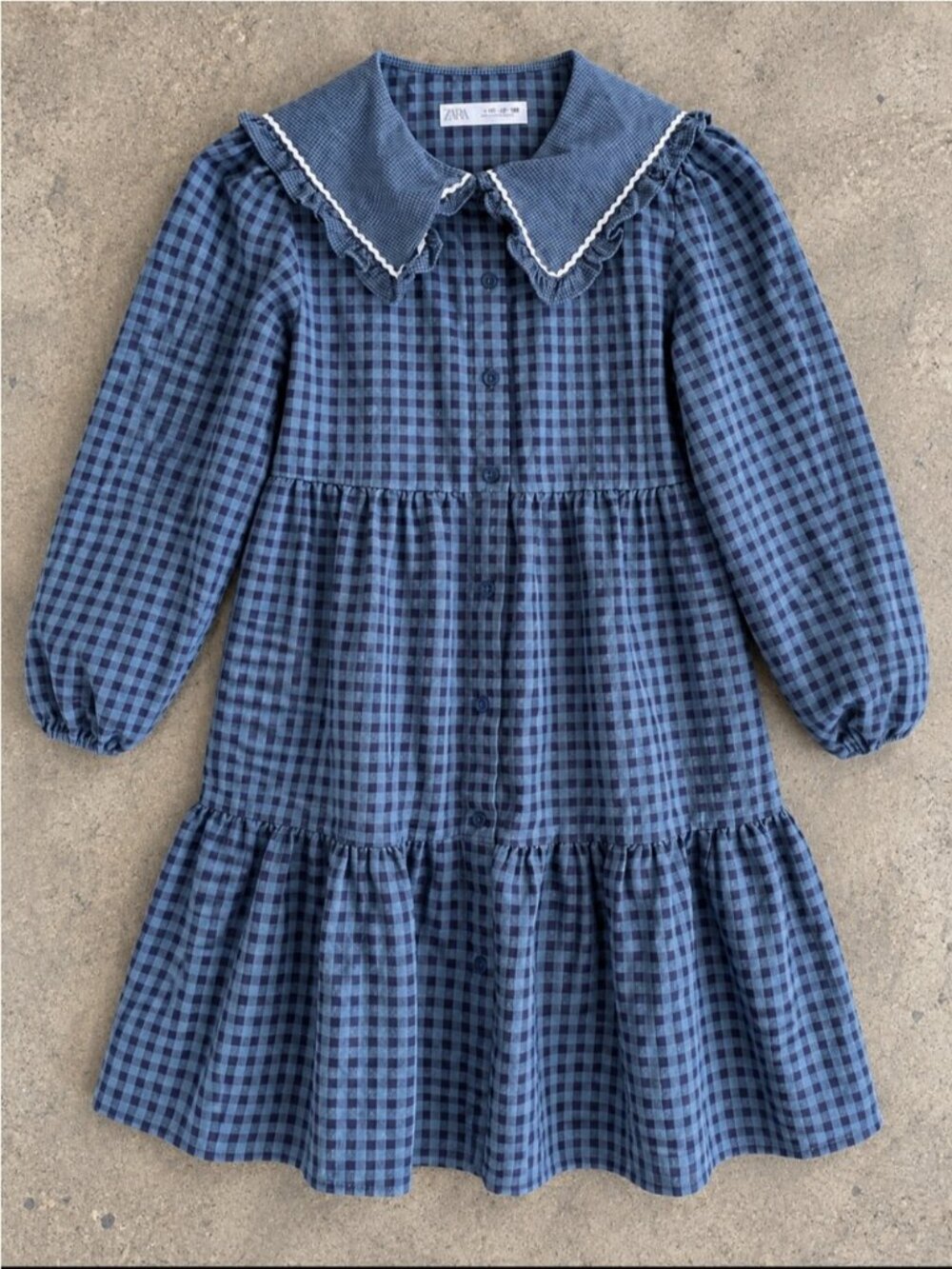 Zara Girls Blue Gingham Tiered Ruffle Collar Dress 11-12 152 Cottagecore Dainty